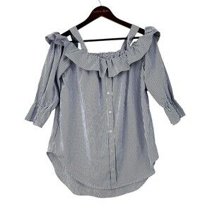 Janet Chung Womens Size L  Blouse Blue White Striped Off Shoulder Ruffle Top H2